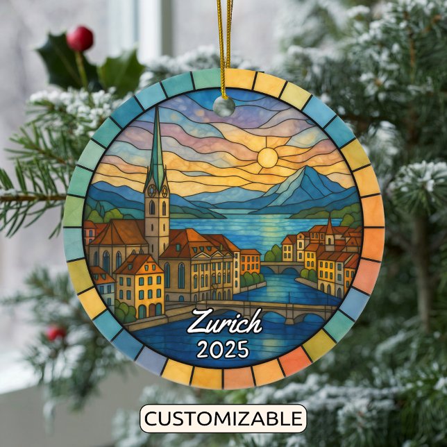 Personalized Stained Glass Zurich, Switzerland Ceramic Ornament (Creator Uploaded)