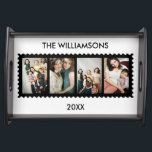 Personalized Stamp Frame 4 Family Photo Serving Tray<br><div class="desc">Personalized black stamp frame 4 family photo serving tray.  Customize with your favourite photos,  family name and year for a unique gift. Photography © Alagich Katya: www.flickr.com/people/katya_alagich/ and licensed under Creative Commons: https://creativecommons.org/licenses/by/2.0/</div>