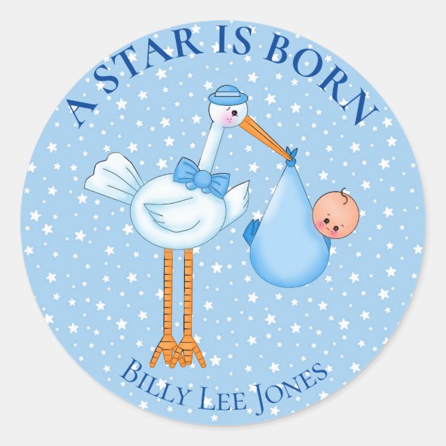 Personalized  Star is Born Stork Baby Boy Classic Round Sticker (Front)