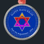 Personalized | Star of David | HAPPY HANUKKAH Metal Ornament<br><div class="desc">Stylish Cobalt Blue STAR OF DAVID HANUKKAH Metal Ornament with faux silver Star of David in a tiled pattern in the background, and a large colourful Star of David at the centre. The text reads HAPPY HANUKKAH plus placeholder name and is CUSTOMIZABLE, so you can replace the message and add...</div>