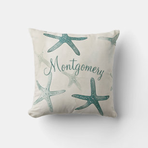 Personalized Starfish Green Beige Coastal Throw Pillow