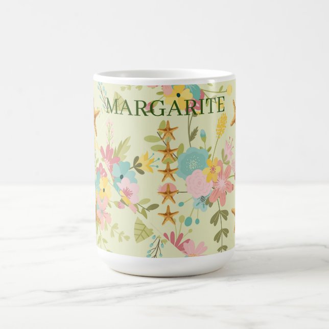 Personalized Starfish Pink Yellow Green Florals Coffee Mug (Center)