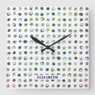 Personalized Starfish & Sea Shells Square Wall Clock