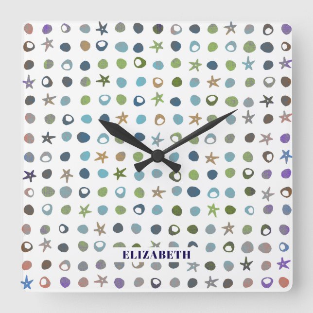 Personalized Starfish & Sea Shells Square Wall Clock (Front)