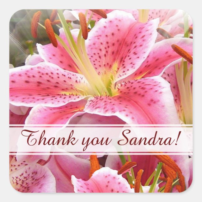 Personalized Stargazer Lilies Thank you Square Sticker (Front)