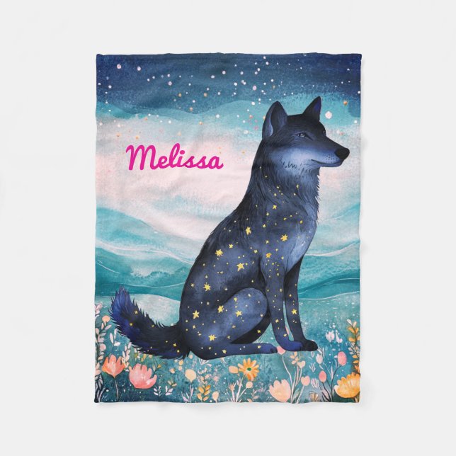 Personalized Starry Night Wolf in Wildflowers Flee Fleece Blanket (Front)