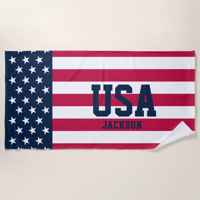 Personalized Stars and Stripes US Flag Beach Towel (Front)