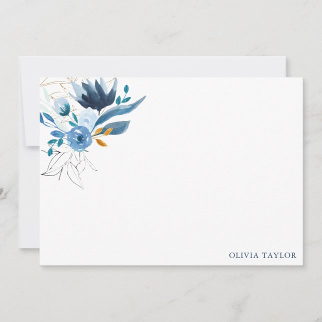 Personalized Stationery Blue Watercolor Floral Card (Front)