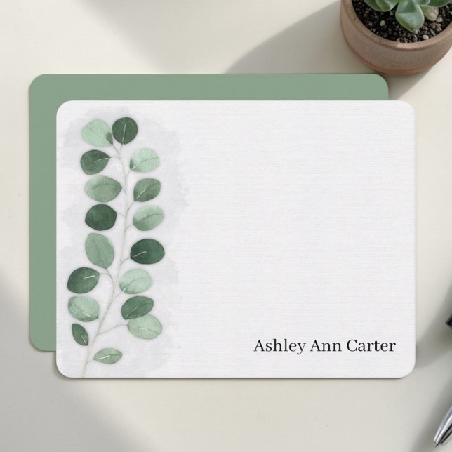 Personalized Stationery Eucalyptus Greenery Card (Watercolor eucalyptus sprig artwork on personalized flat note card with clean writing space.)