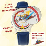 Personalized Steam Train Kids Learn to Tell Time Watch<br><div class="desc">Make learning to tell time an exciting adventure with this steam train-themed kids watch! Featuring a charming steam train design with vibrant railway-inspired details, this analogue watch is perfect for young train enthusiasts. The watch includes minute indicators, with every minute marked by a line and every 5 minutes numbered, making...</div>