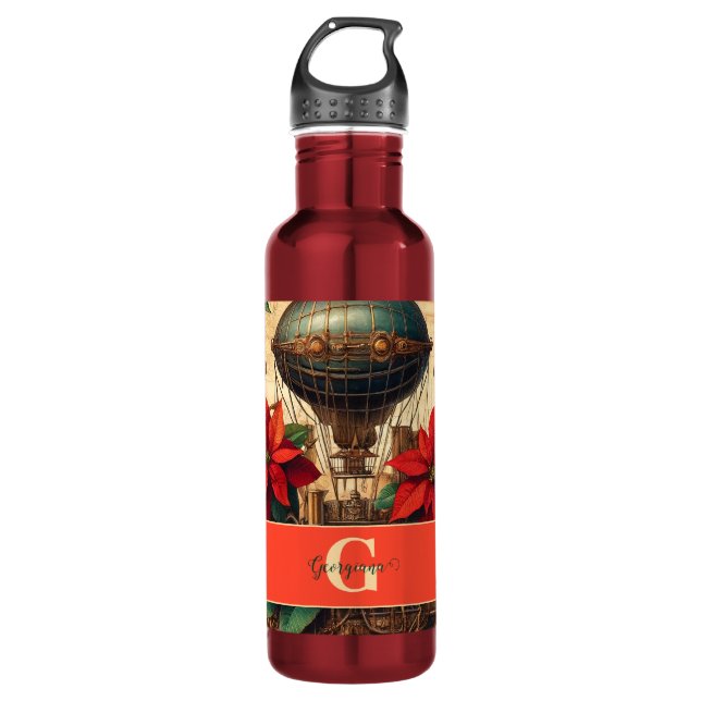 Personalized Steampunk Airship with Poinsettia 710 Ml Water Bottle (Front)