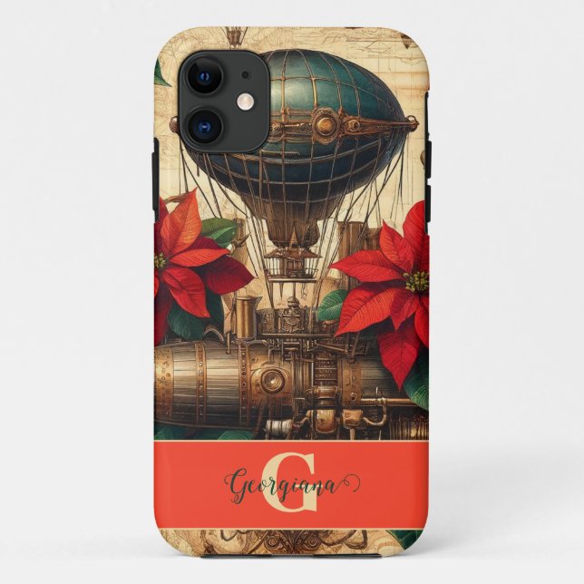 Personalized Steampunk Airship with Poinsettia Case-Mate iPhone Case (Back)