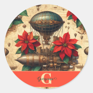 Personalized Steampunk Airship with Poinsettia Classic Round Sticker