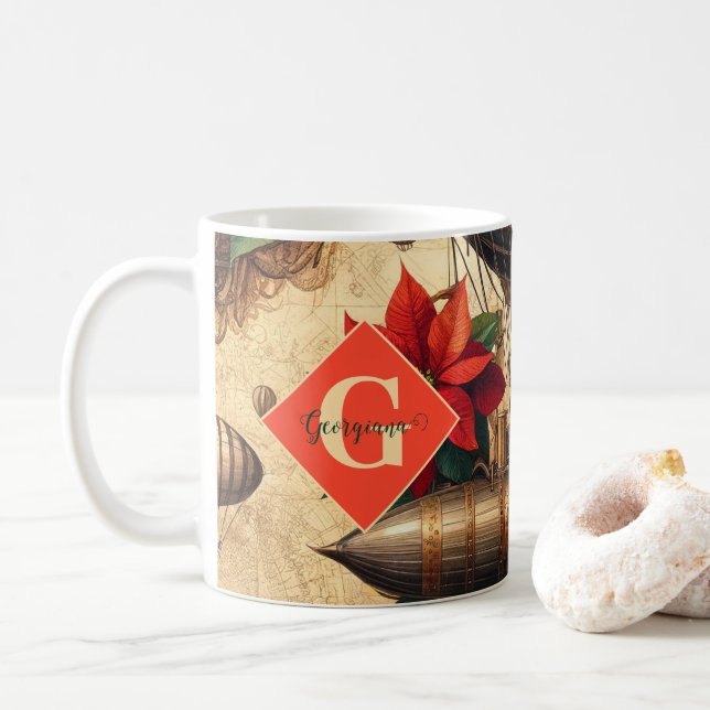 Personalized Steampunk Airship with Poinsettia Coffee Mug (With Donut)