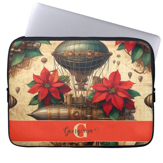 Personalized Steampunk Airship with Poinsettia Laptop Sleeve (Front)