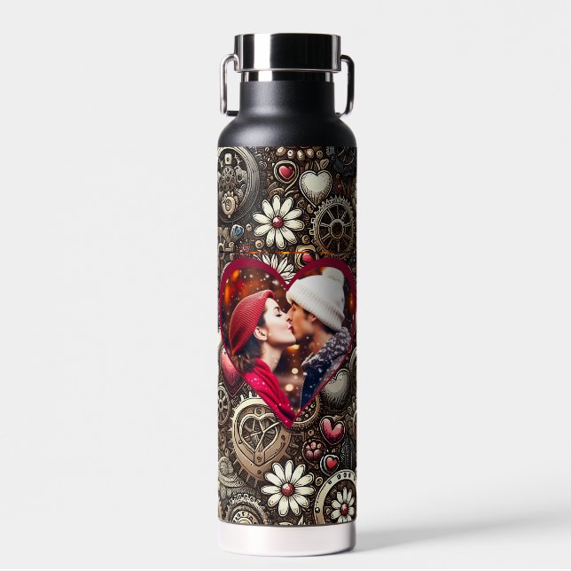 Personalized Steampunk Hearts, Flowers and Gears Water Bottle (Front)