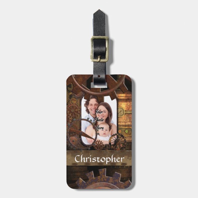 Personalized steampunk machinery luggage tag (Front Vertical)