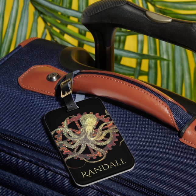 Personalized Steampunk Octopus & Rusty Clockwork  Luggage Tag (Front Insitu 1)