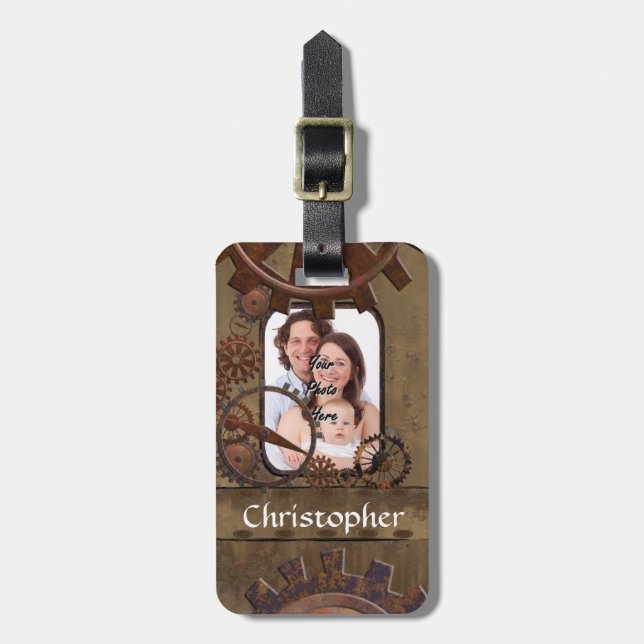 Personalized steampunk photo template luggage tag (Front Vertical)