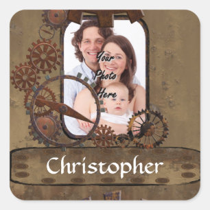 Personalized steampunk photo template square sticker