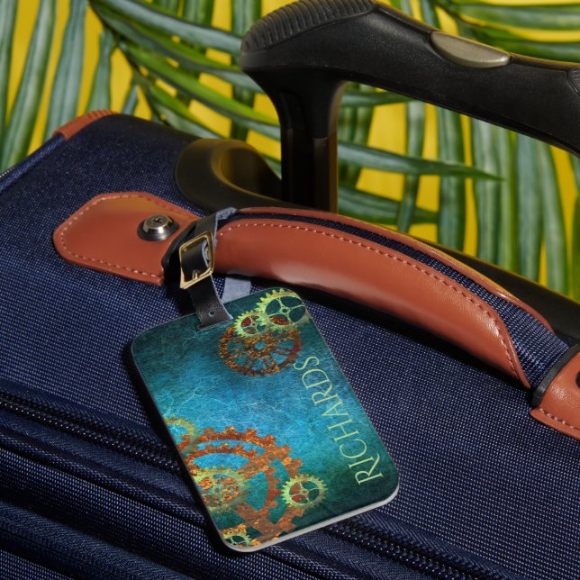 Personalized Steampunk Rusty Clockwork Gears  Luggage Tag (Front Insitu 1)