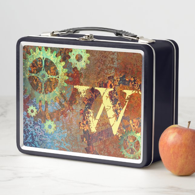 Personalized Steampunk Rusty Clockwork Gears Metal Lunch Box (In Situ)