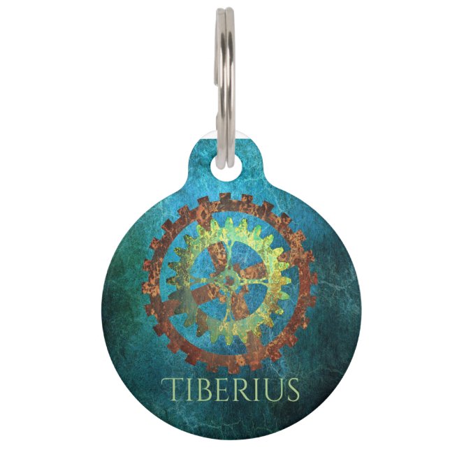 Personalized Steampunk Rusty Clockwork Gears Pet Tag (Front)