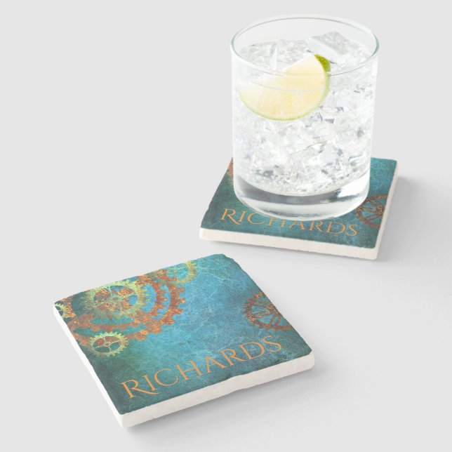 Personalized Steampunk Rusty  Gears Stone Coaster (Side)