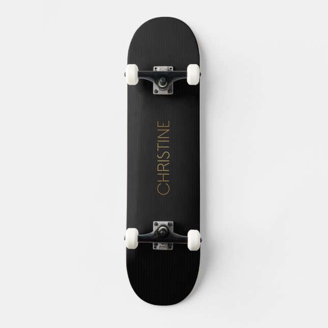 Personalized Stencil Font Christine Gold on Black Skateboard (Front)