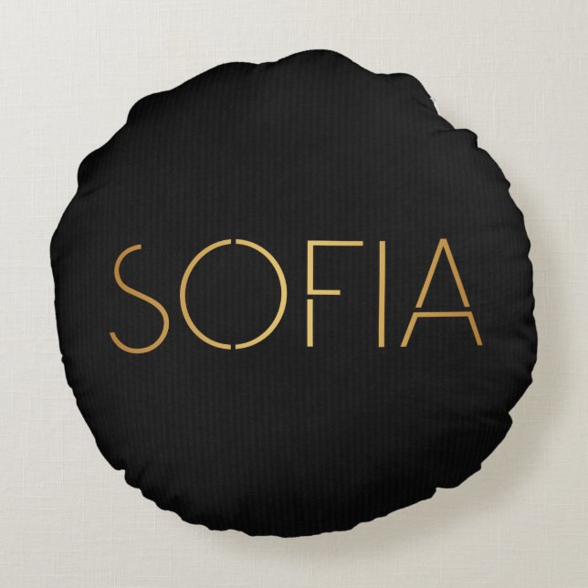 Personalized Stencil Font Sofia Gold Black Round Pillow (Back)