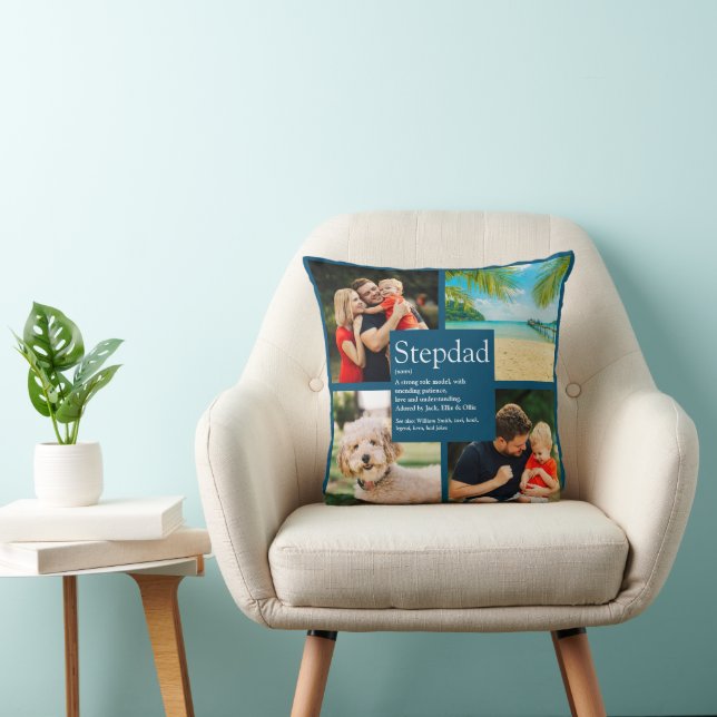Personalized Stepdad Name Definition 4 Photo Blue Throw Pillow (Chair)