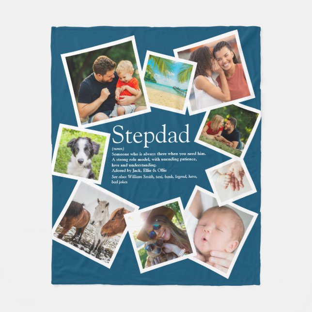 Personalized Stepdad Name Definition 9 Photo Blue Fleece Blanket (Front)