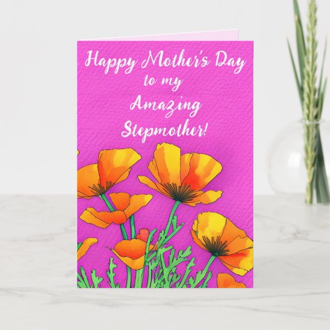 Personalized Stepmother Poppy Pink Mothers Day  Holiday Card (Front)