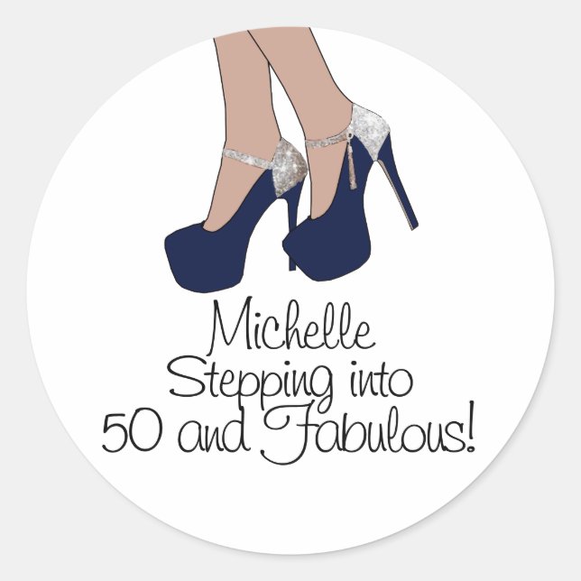 Personalized "Stepping into 50 and Fabulous" Party Classic Round Sticker (Front)