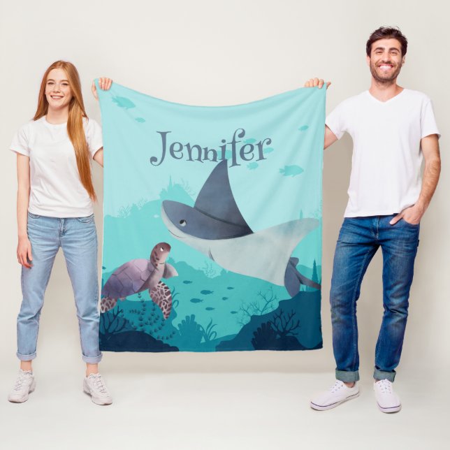 Personalized Stingray and Turtle Under the Sea Fleece Blanket (In Situ)