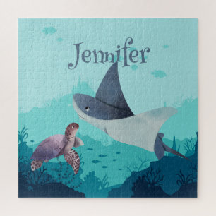 Personalized Stingray and Turtle Under the Sea Jigsaw Puzzle