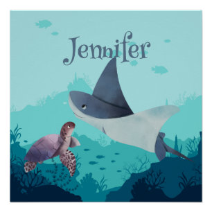 Personalized Stingray and Turtle Under the Sea Poster