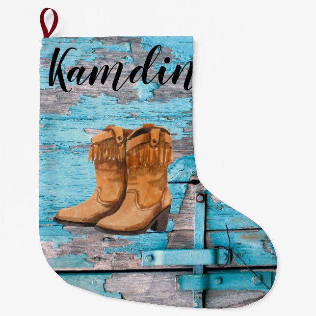 Personalized Stocking Blue Wood Barn Door Boots Co (Front)