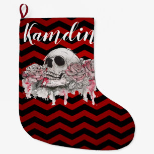 Personalized Stocking skull Rose goth Chevron red