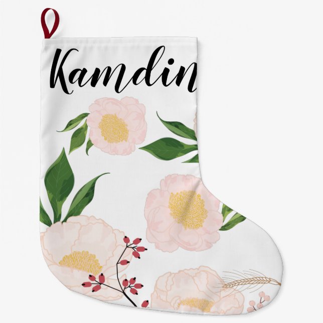 Personalized Stocking White Floral Flowers on Whit (Front)