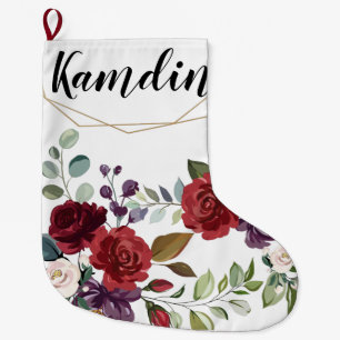 Personalized Stocking White Roses Gold Geometric