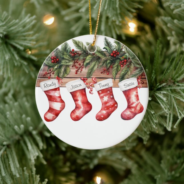 Personalized Stockings Family of 4 Christmas  Ceramic Ornament (Tree)