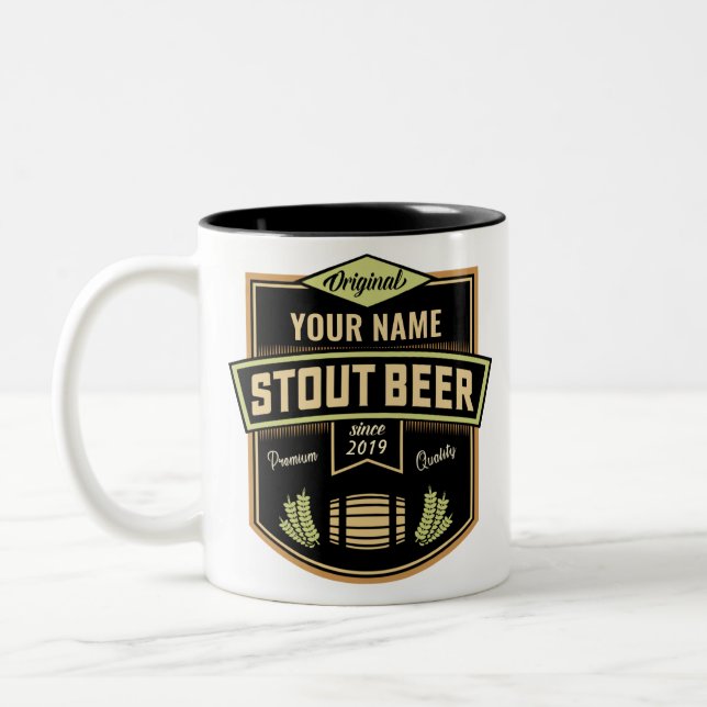 Personalized Stout Dark Beer Brewing Label Bar  Two-Tone Coffee Mug (Left)