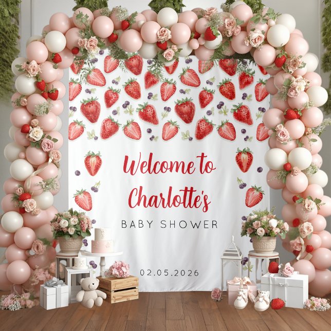 Personalized Strawberry Baby Shower Backdrop Tapestry (Creator Uploaded)