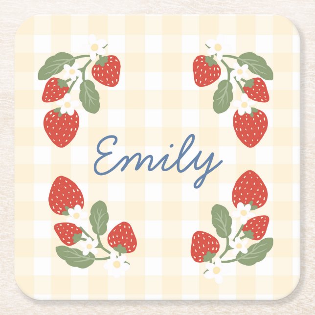 Personalized Strawberry Berry Sweet Party Picnic Square Paper Coaster (Front)