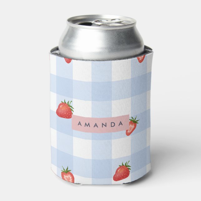 Personalized Strawberry & Blue Gingham Pattern Can Cooler (Can Front)