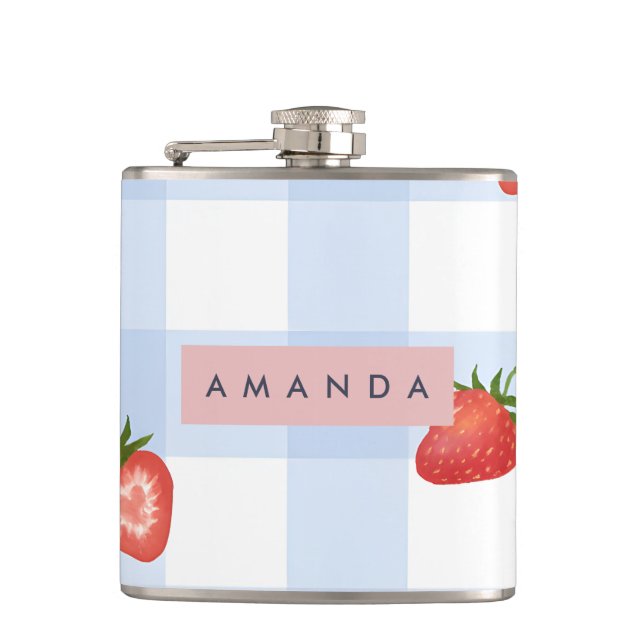 Personalized Strawberry & Blue Gingham Pattern Hip Flask (Front)