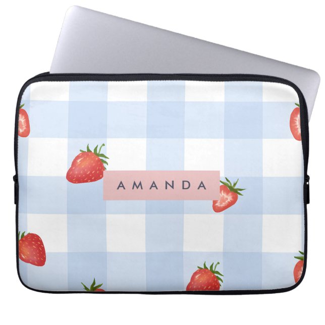 Personalized Strawberry & Blue Gingham Pattern Laptop Sleeve (Front)