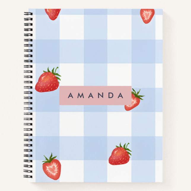 Personalized Strawberry & Blue Gingham Pattern Notebook (Front)