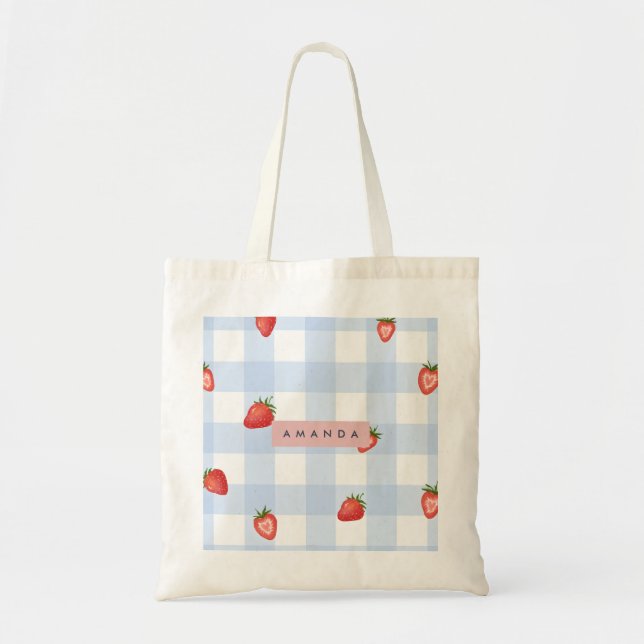 Personalized Strawberry & Blue Gingham Pattern Tote Bag (Front)